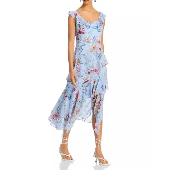 BCBGMAXAZRIA Asymmetric Midi Dress Tiered Ruffle Floral Party Garden Hoco Blue 2 - Picture 1 of 10